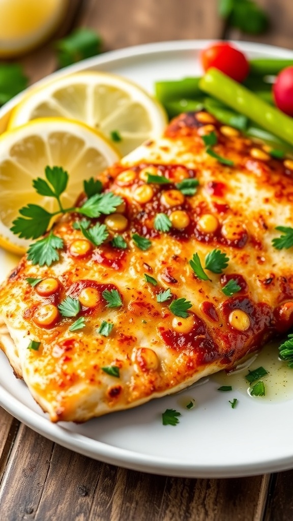 Pan-seared tilapia fillet on a plate with lemon wedges and parsley, served with vegetables.